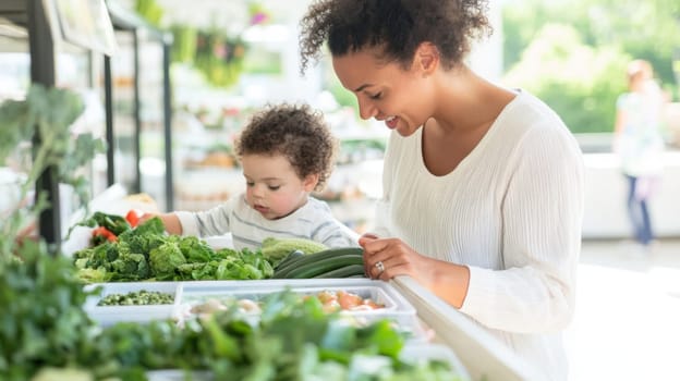Mother and child shopping for fresh produce at grocery store, family lifestyle background, AI generated