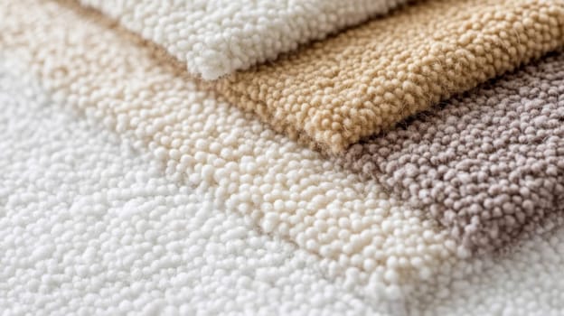 Boucle Fabric samples in various neutral colors close up arranged, texture detail, interior design palette background, AI generated