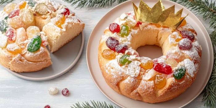 Three kings holiday festive fruitcake topped with colorful candied fruits on a table, background, AI generated