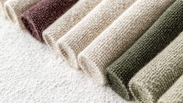 Boucle Fabric samples in various neutral colors close up arranged, texture detail, interior design palette background, AI generated