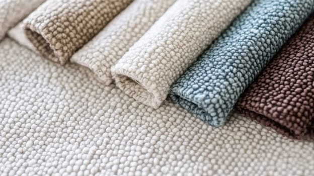 Boucle Fabric samples in various neutral colors close up arranged, texture detail, interior design palette background, AI generated