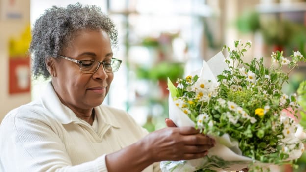 African american mature florist woman creates bouquet of flowers in flower store, AI Generated