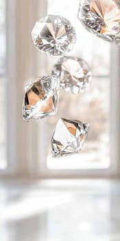 Diamonds with sparkling facets on bokeh background, concept of luxury and elegance, AI generated