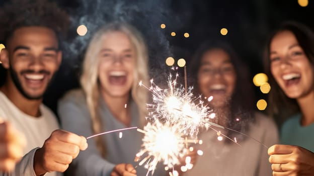 Group of multiracial adults celebrating New Year with sparklers outdoors, joyful winter scene, AI generated