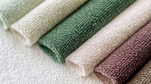 Chenille Fabric samples in various neutral colors close up arranged, texture detail, interior design palette background, AI Generated
