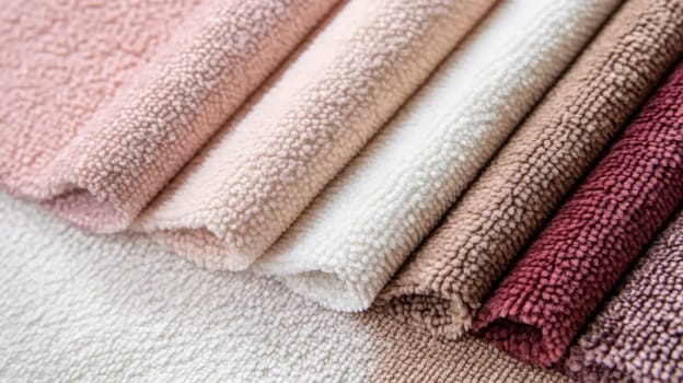 Chenille Fabric samples in various neutral colors close up arranged, texture detail, interior design palette background, AI Generated