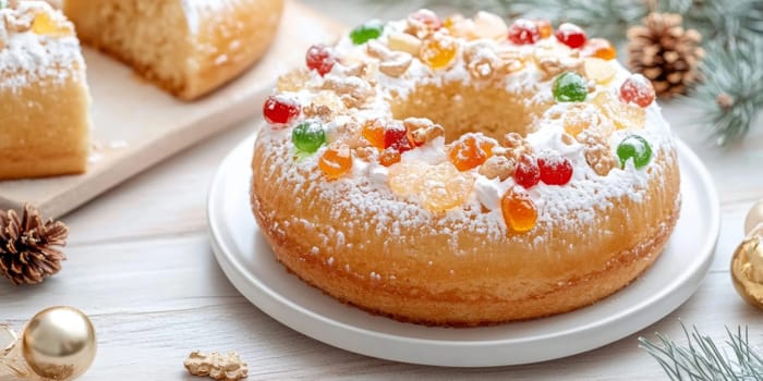 Three kings holiday festive fruitcake topped with colorful candied fruits on a table, background, AI generated