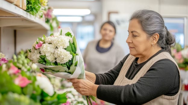 Latin american mature florist woman creates bouquet of flowers in flower store, AI Generated