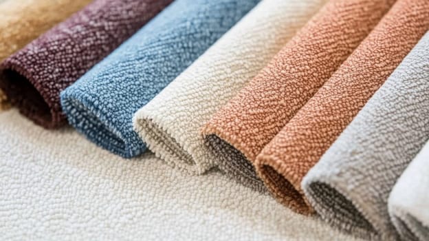 Chenille Fabric samples in various neutral colors close up arranged, texture detail, interior design palette background, AI Generated
