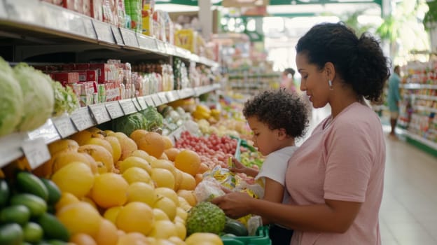 Mother and child shopping for fresh produce at grocery store, family lifestyle background, AI generated