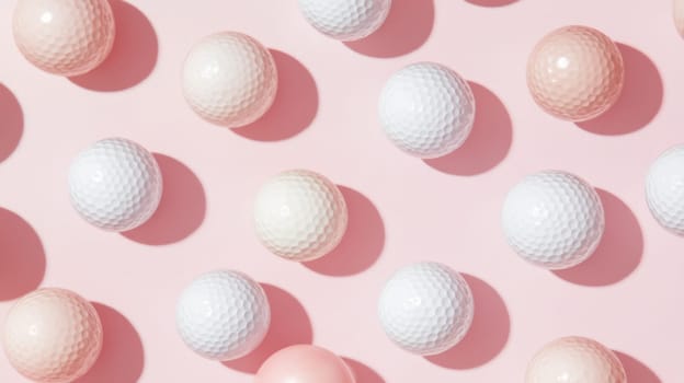 Golf balls arranged on pastel pink surface creating pattern, concept background, AI generated