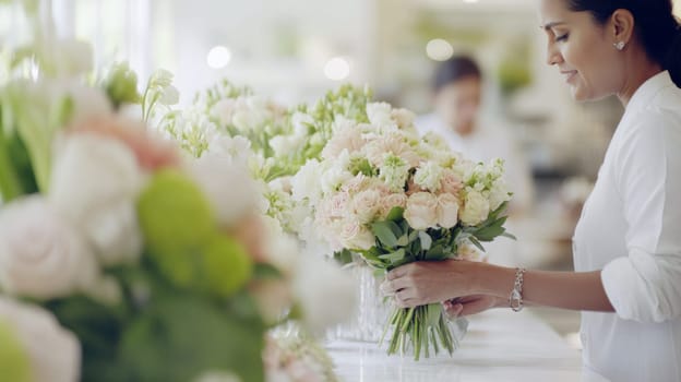 Indian american florist woman creates bouquet of flowers in flower store, AI Generated