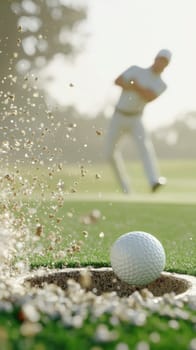 Golf ball in motion on lush green course during sunny day, action concept, AI generated