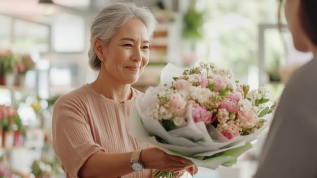Asian american mature florist woman creates bouquet of flowers in flower store, AI Generated