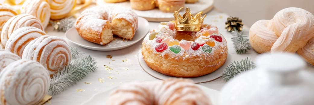 Three kings holiday festive fruitcake topped with colorful candied fruits on a table, background, AI generated