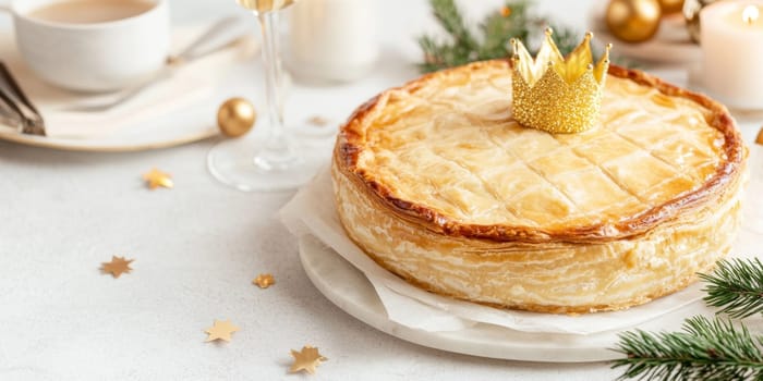 Three kings holiday festive cake topped with golden paper crown on a table, background, AI generated