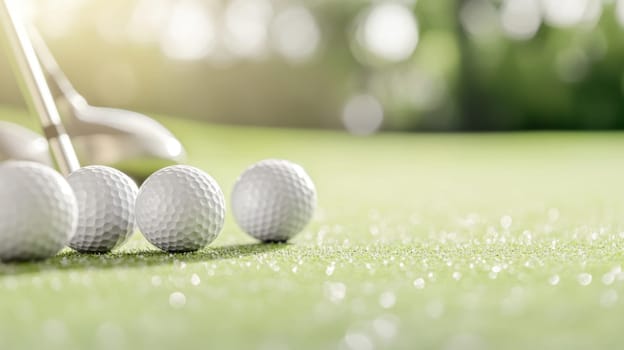 Golf ball on lush green grass, copy space for sports backgrounds, AI generated