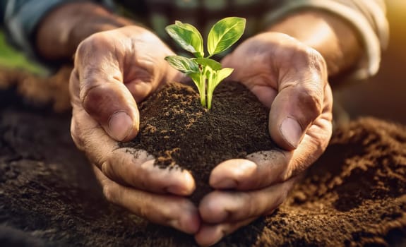 Senior gardener hands holding fertile soil with grown green seedling. Closeup old man palms planting a fresh sprout. Bio food supply as global agriculture issue. Hunger and malnutrition problems