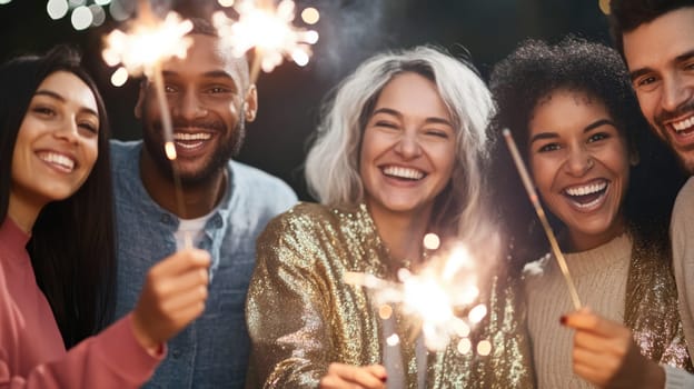 Group of multiracial adults celebrating New Year with sparklers outdoors, joyful winter scene, AI generated