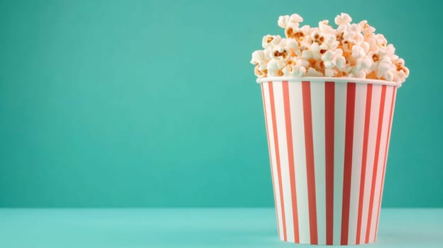 Popcorn in paper cup on pristine solid color background, fun party concept, AI Generated