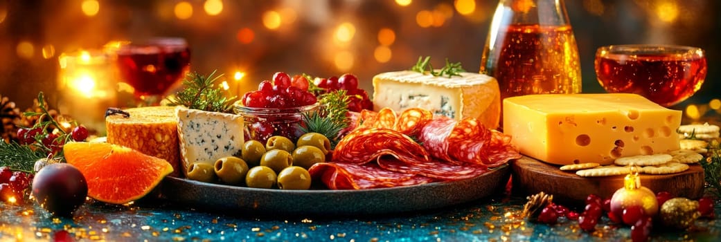 Festive charcuterie board with assorted cheeses and meats on rustic table, background, AI generated