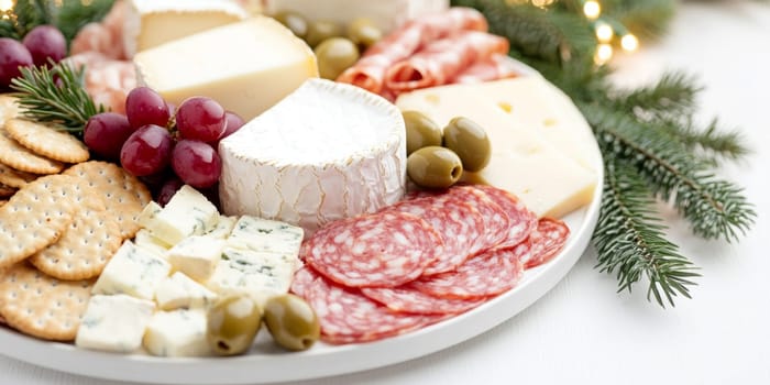 Christmas or New Year holiday charcuterie platter with cheeses, salami, grapes, olives on board, festive background, copy space, AI generated