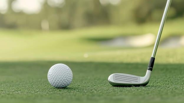 Golf ball on lush green grass, copy space for sports backgrounds, AI generated
