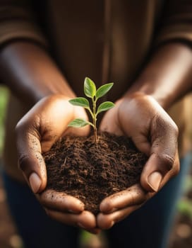 Gardener hands holding fertile soil with grown green seedling. Closeup afro-american person hands with fresh sprout in palms. Bio farming, agriculture sustainability and eco friendly gardening concept