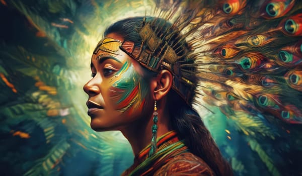 Native indian female portrait, wearing a headdress adorned with colorful peacock feathers. Vibrant green background with abstract jungle nature. Beautiful woman chieftain traditional maya civilization