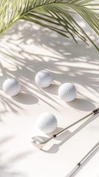 Golf balls and club on sunny textured surface with palm shadows, background, AI generated