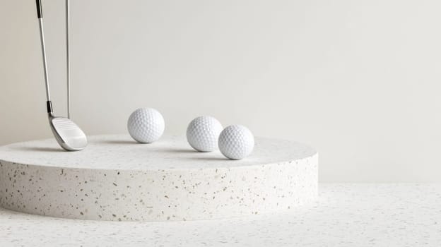 Golf club and two golf balls casting shadows on white surface, background, AI generated