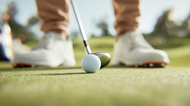 Golf ball in motion on lush green course during sunny day, action concept, AI generated