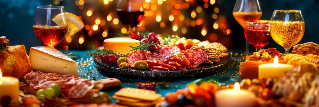 Festive charcuterie board with assorted cheeses and meats on rustic table, background, AI generated