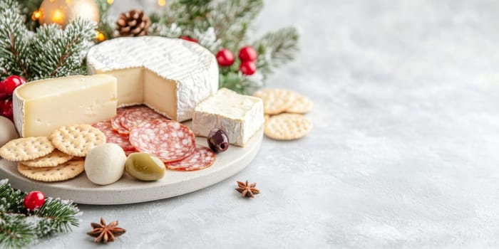 Christmas or New Year holiday charcuterie platter with cheeses, salami, grapes, olives on board, festive background, copy space, AI generated