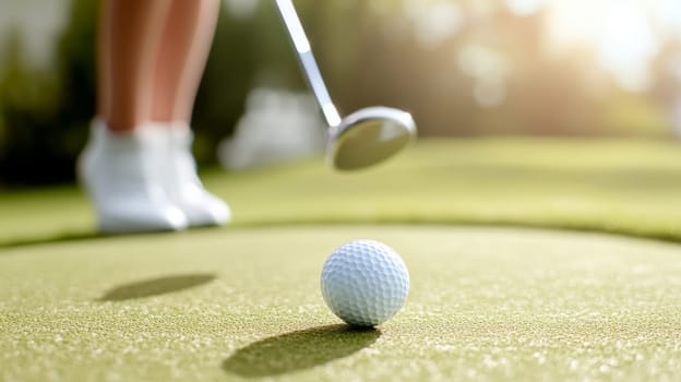 Golf ball in motion on lush green course during sunny day, action concept, AI generated