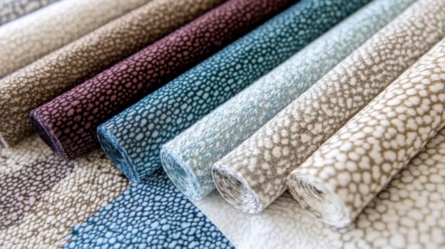 Boucle Fabric samples in various neutral colors close up arranged, texture detail, interior design palette background, AI generated