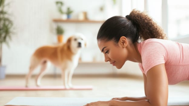 Woman practicing yoga in bright room with dog in background, AI Generated