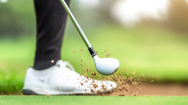 Golf ball and club close-up on lush green golf course background, AI Generated