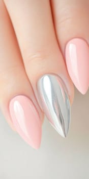 Metallic silver chrome nails closeup with rhinestone accents, vertical background, AI Generated