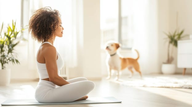 Woman practicing yoga in bright room with dog in background, AI Generated