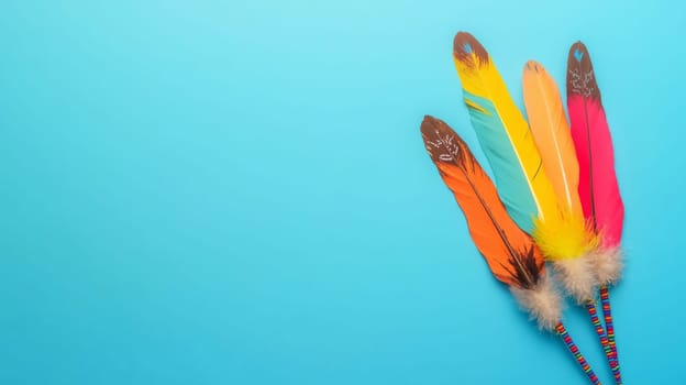 Nation indigenous peoples day concept, Colorful feather on minimslist color background, AI generated
