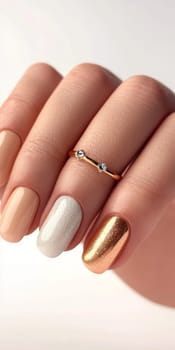 Elegant manicure closeup with gold, silver, peach, and white nail polish detail, AI generated
