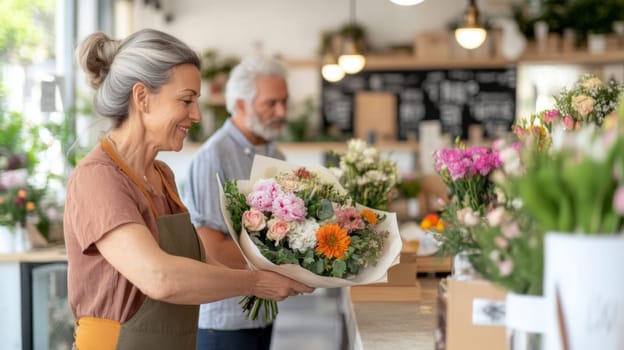 Mature florist woman creates bouquet of flowers in flower store, AI Generated
