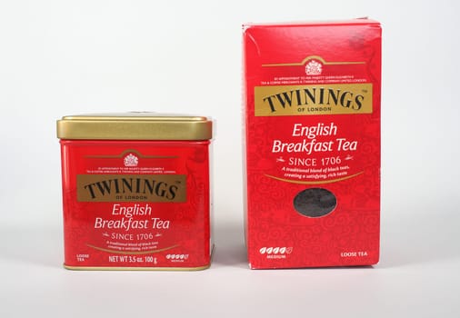 LONDON, UK - NOVEMBER 17, 2024: Can and packet of loose Twinings English breakfast tea