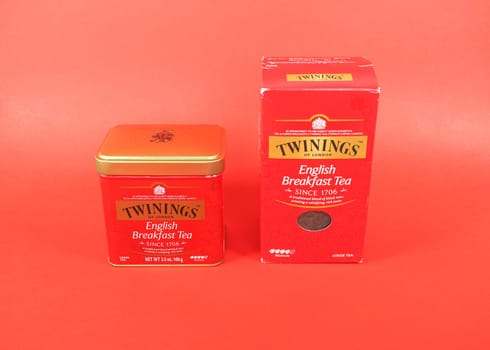 LONDON, UK - NOVEMBER 17, 2024: Can and packet of loose Twinings English breakfast tea