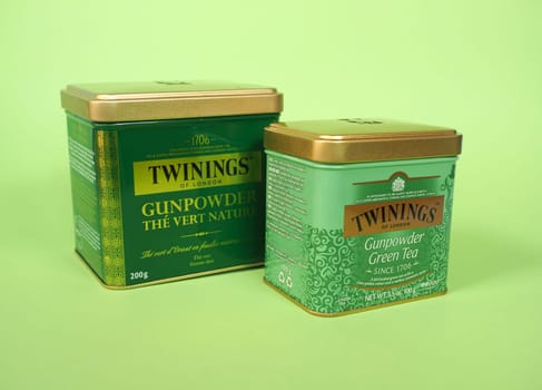 LONDON, UK - NOVEMBER 17, 2024: Cans of Twinings gunpowder green tea