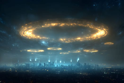 A city skyline faces destruction as fiery rings hover ominously in the dark sky. Smoke rises from buildings, hinting at chaos below as the world teeters on the brink of oblivion.