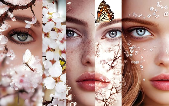 In a vibrant collage, four young women showcase their beauty with delicate floral arrangements and butterflies. Each portrait reflects the essence of spring. Natural intricate details. Faces of spring