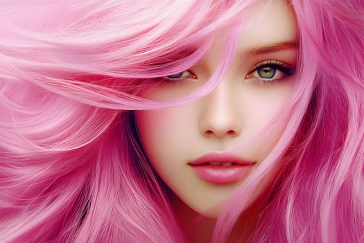 Woman with vibrant pink hair showcasing captivating features in a soft light setting, emphasizing her unique look and style