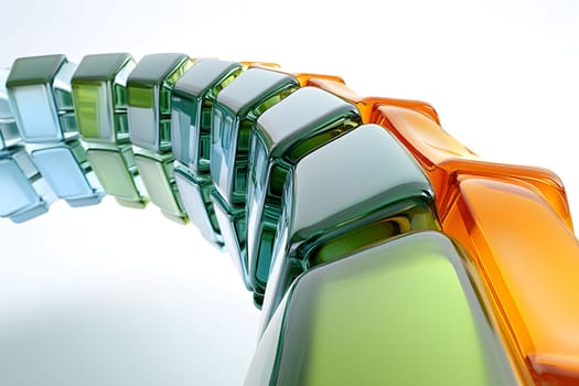 Vibrant display of glass blocks in varying green and orange colors forms a curving structure. Transparent and reflective surfaces catch the light, highlighting the rich hues of green blue and orange